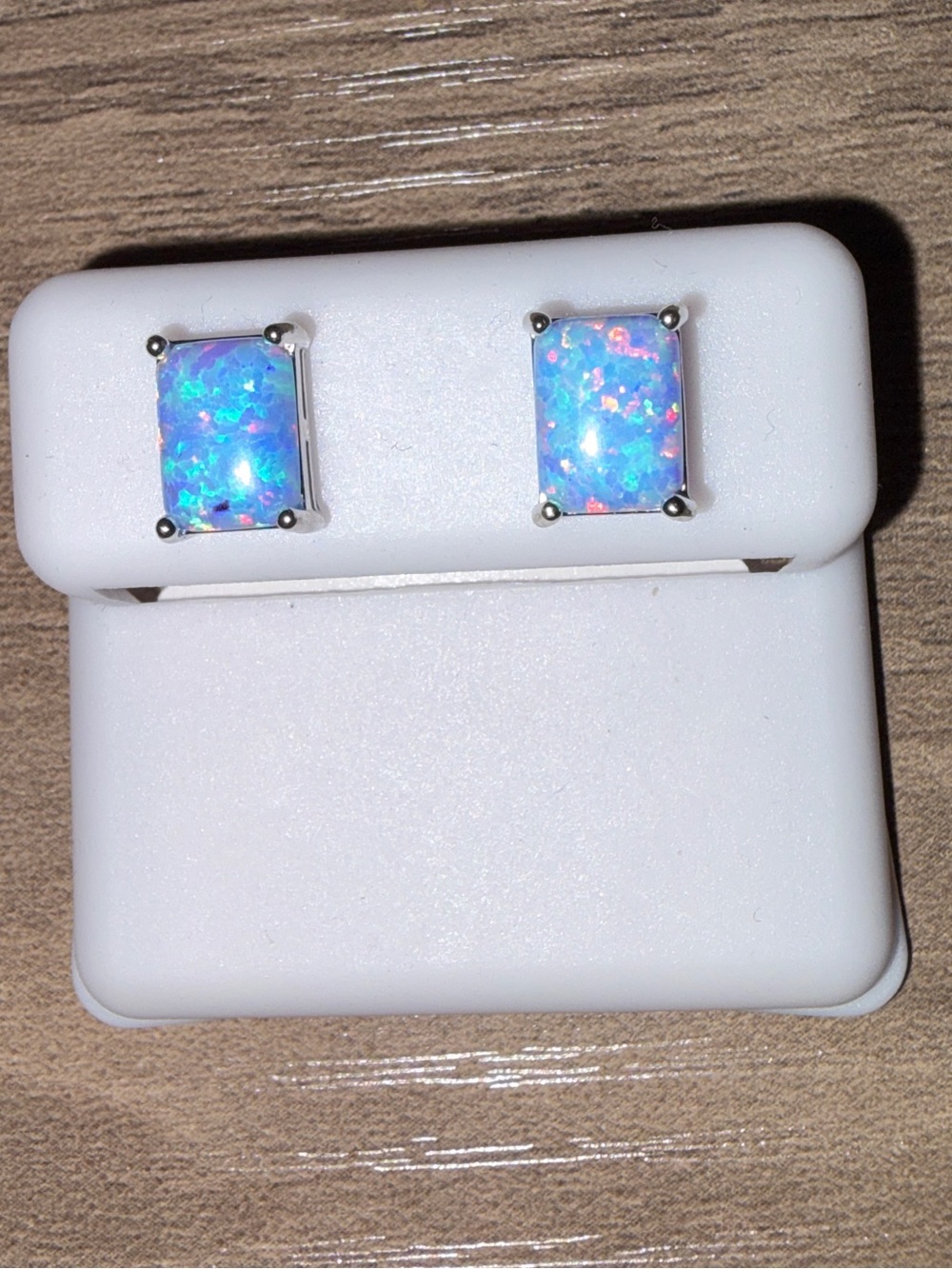 Light Blue Natural Opal Emerald Cut Earrings 6*8mm Sterling Silver 925